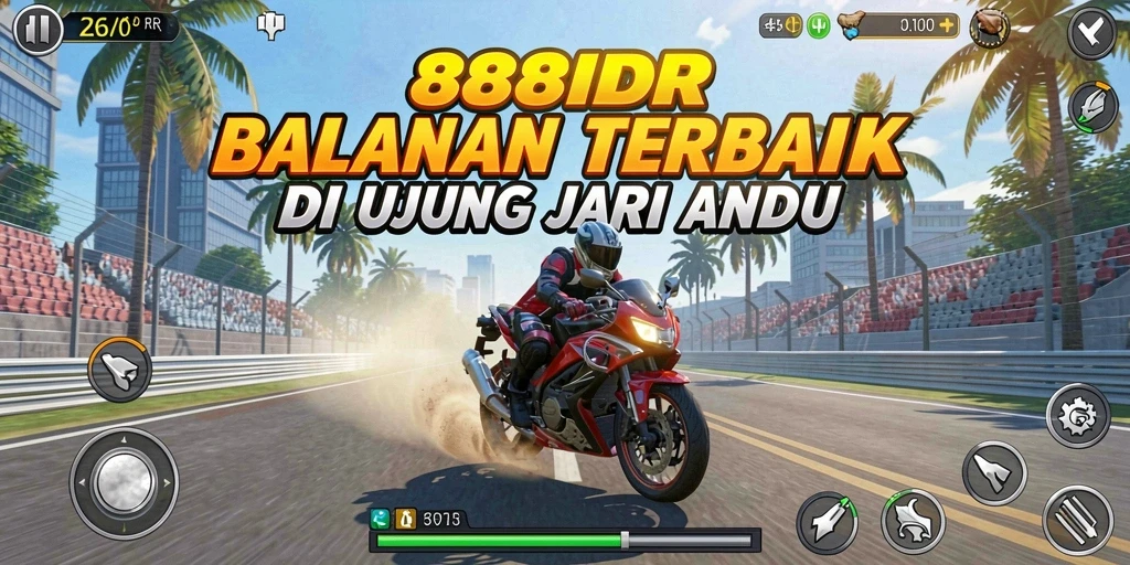 Screenshot permainan 888IDR menampilkan aksi balapan motor yang mendebarkan.