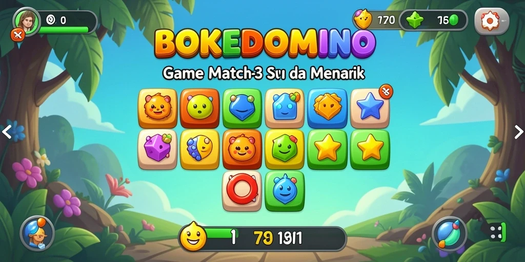 Tampilan screenshot utama BOKEDOMINO menampilkan gameplay seru dari game Match-3.