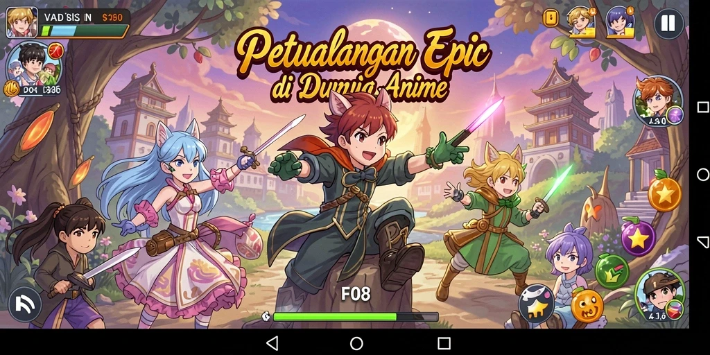 Tampilan gameplay F08 yang menampilkan karakter anime beraksi.