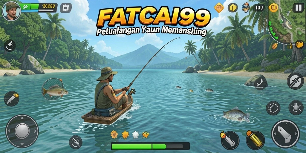Screenshot menampilkan pemain menangkap ikan besar di lautan.