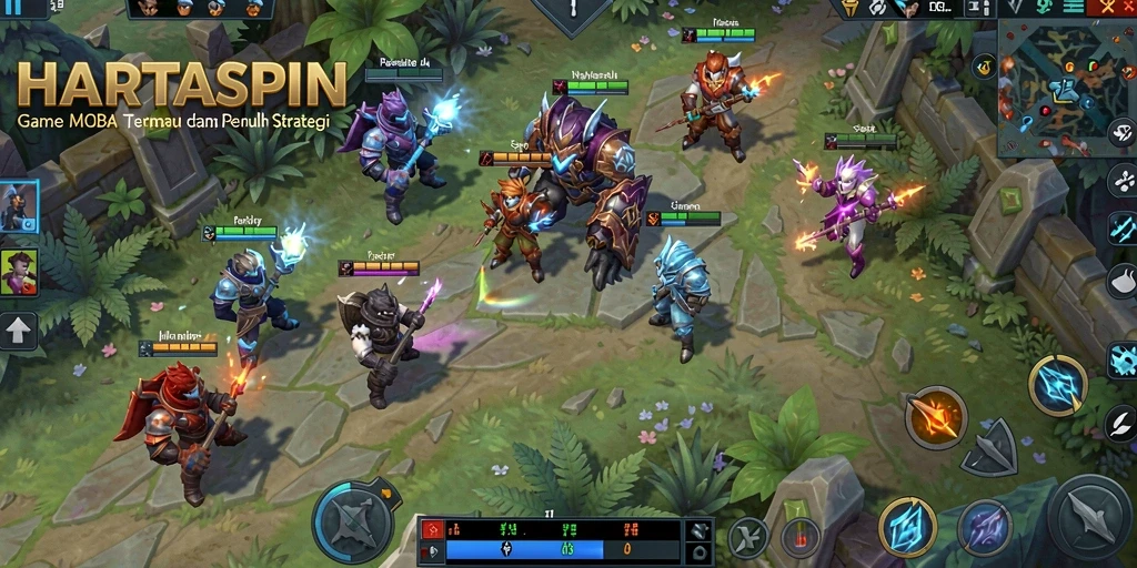 Screenshot utama HARTASPIN menampilkan aksi intens dalam pertempuran MOBA.