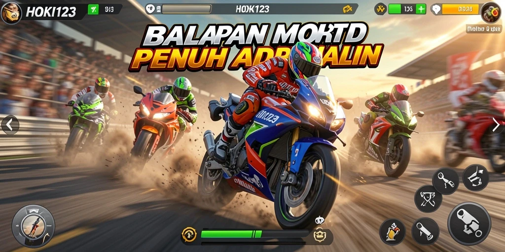 Screenshot utama HOKI123 menampilkan aksi balapan motor yang mendebarkan.