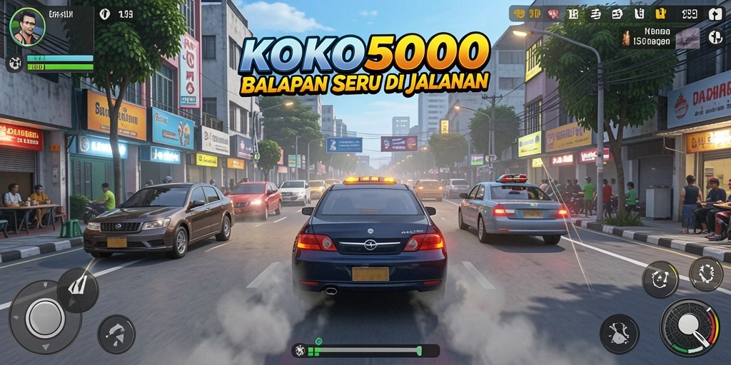 Tampilan gameplay KOKO5000 yang mendebarkan dan penuh aksi balapan.