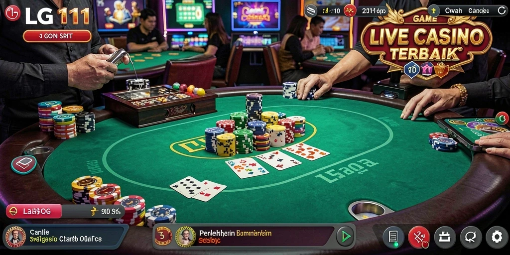 Tampilan gameplay menarik dari LG111 dengan dealer langsung dan suasana kasino.