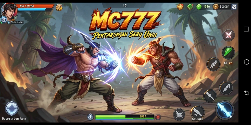 Tangkapan layar gameplay <strong>MC777</strong> menunjukkan pertarungan epik antara dua karakter.