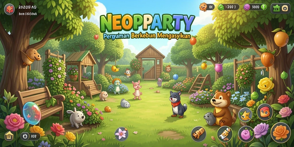 Screenshot gameplay NEOPARTY dengan ladang yang hijau dan hewan peliharaan.