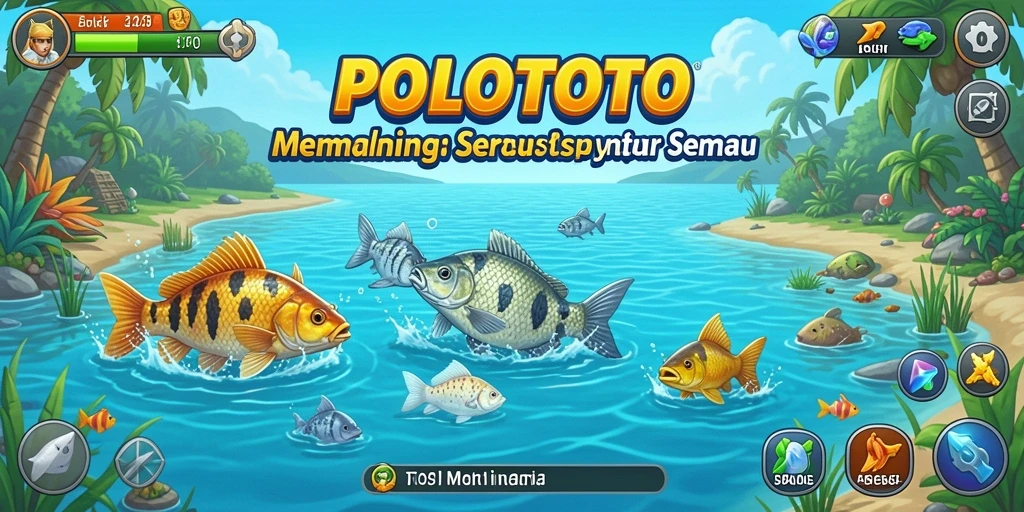 Screenshot gameplay POLOTOTO yang menunjukkan aksi memancing yang seru.