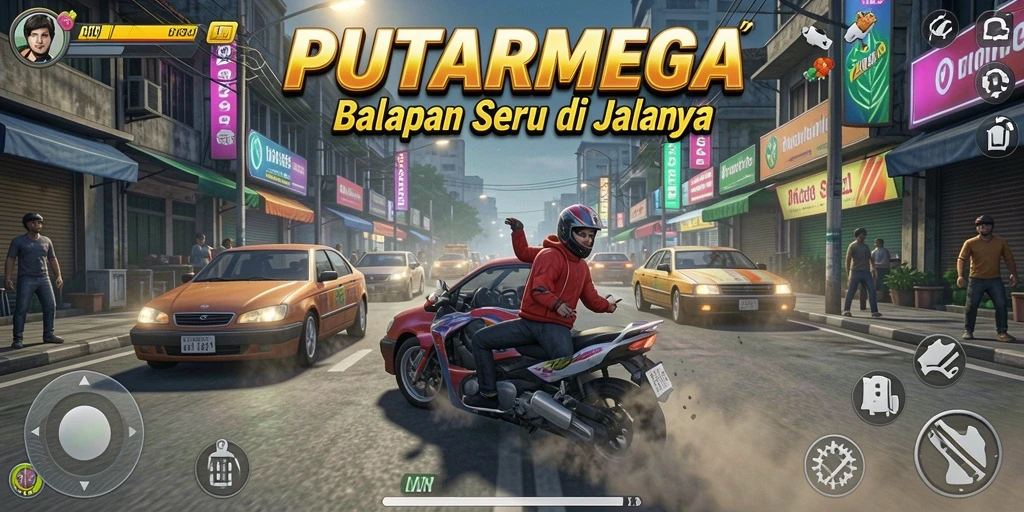 Gameplay seru PUTARMEGA dengan mobil balap kencang.