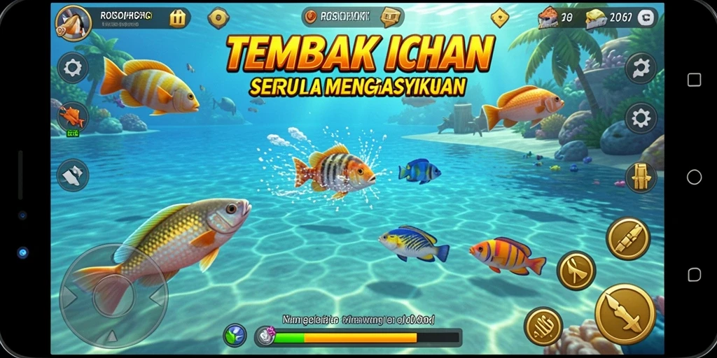 Tampilan gameplay ROSOHOKI yang seru dengan efek menembak ikan.